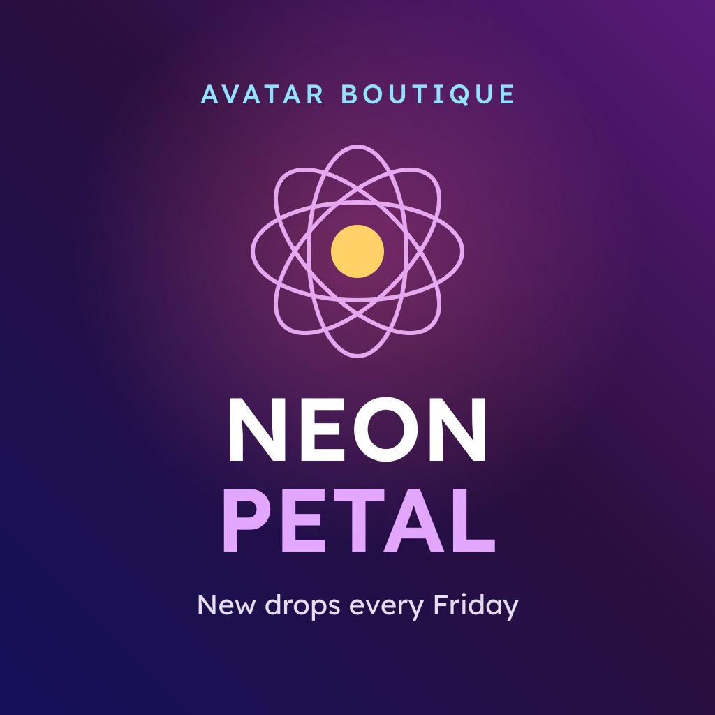 A sample storefront for a made-up avatar boutique, Neon Petal, new drops every Friday, with the safe area marked by a dashed line